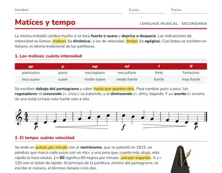 Ficha de matices y tempo para ESO: tabla de matices, reguladores y términos de tempo con su metrónomo