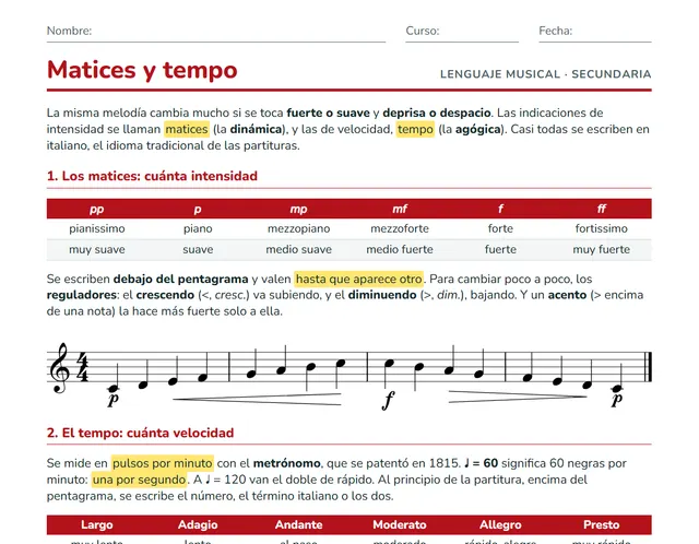 Ficha de matices y tempo para ESO: tabla de matices, reguladores y términos de tempo con su metrónomo