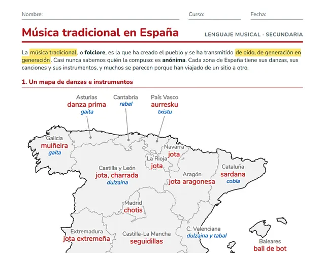 Ficha de música tradicional para Secundaria: mapa de España con la jota, la muiñeira, la sardana, las sevillanas y sus instrumentos