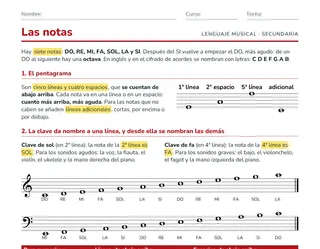 Ficha de las notas musicales para ESO: pentagrama, clave de sol, clave de fa, alteraciones y teclado
