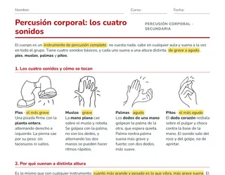 Ficha de percusión corporal para Secundaria con los gestos de pies, muslos, palmas y pitos y su partitura de cuatro líneas