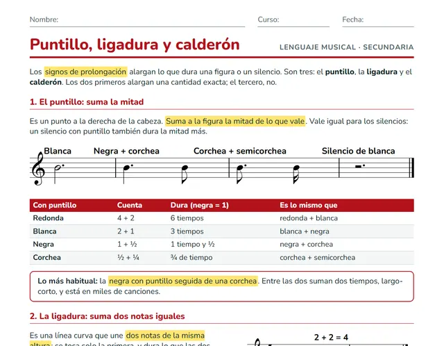 Ficha de los signos de prolongación para ESO: puntillo, ligadura y calderón, con tabla de duraciones