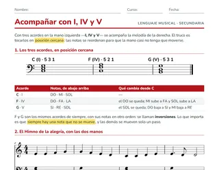 Ficha de teclado para ESO: acordes I IV V en posición cercana y el Himno de la alegría a dos manos