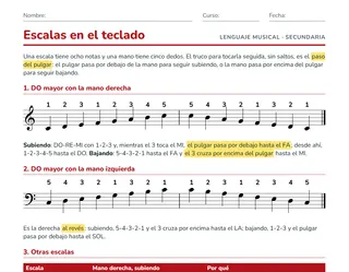 Ficha de escalas en el teclado para ESO: DO mayor con digitación y paso del pulgar