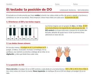 Ficha de teclado y piano para ESO: el DO, los dedos numerados y la posición de DO