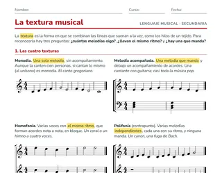 Ficha de la textura musical para ESO: monodia, melodía acompañada, homofonía y polifonía con ejemplos en partitura