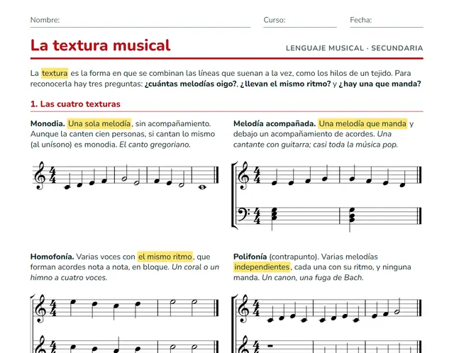 Ficha de la textura musical para ESO: monodia, melodía acompañada, homofonía y polifonía con ejemplos en partitura