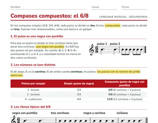 Ficha de los compases compuestos para ESO: el 6/8, el pulso de negra con puntillo y la diferencia con el 3/4