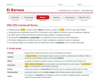 Ficha de música para Secundaria: el Barroco, con el bajo continuo, sus géneros y la audición guiada de La primavera de Vivaldi