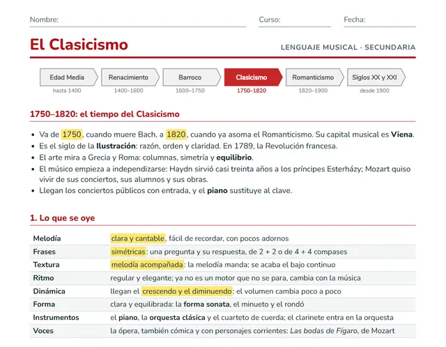 Ficha de música para Secundaria: el Clasicismo, con la orquesta clásica, la forma sonata y la audición del Rondó alla turca