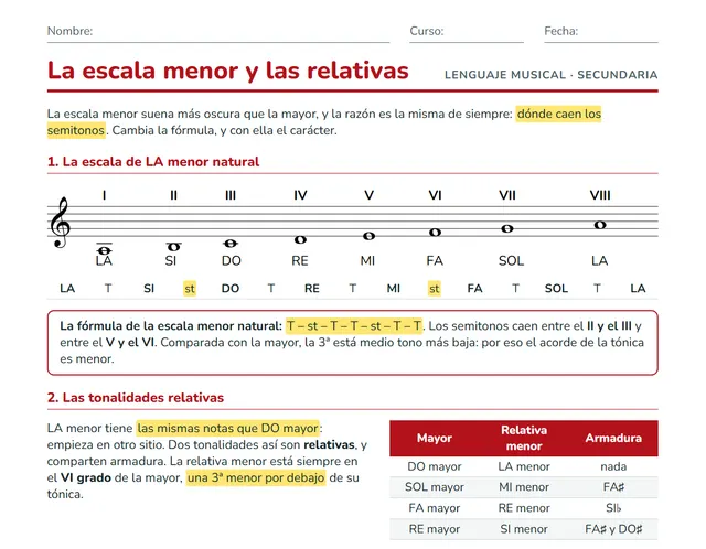 Ficha de la escala menor para ESO: LA menor natural, tonalidades relativas y escala menor armónica
