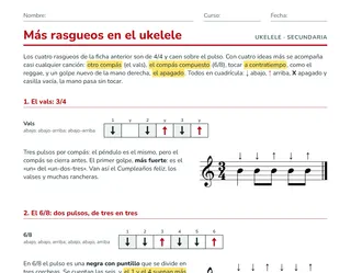 Ficha de rasgueos de ukelele para ESO: vals, 6/8, reggae y apagado en cuadrícula de flechas