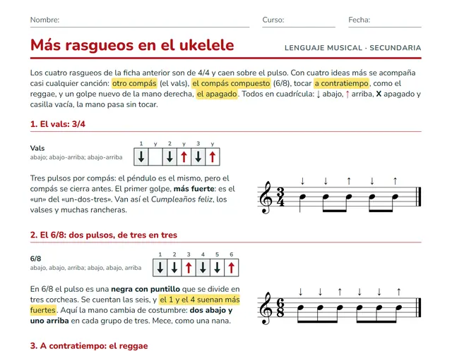 Ficha de rasgueos de ukelele para ESO: vals, 6/8, reggae y apagado en cuadrícula de flechas