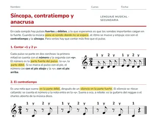 Ficha de síncopa, contratiempo y anacrusa para Secundaria con conteo «1 y 2 y» encima de cada nota