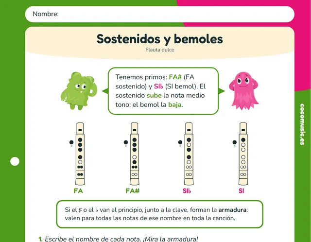 Ficha de flauta dulce: Sostenidos y bemoles en la flauta dulce