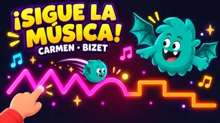 Musicograma de Carmen de Bizet: Sol hecho bolita recorre un zigzag rosa y unos escalones naranjas que un niño sigue con el dedo