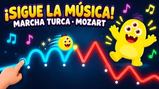 Musicograma de la marcha turca de Mozart: Milo hecho bolita recorre unos arcos azules y unos picos rojos que un niño sigue con el dedo